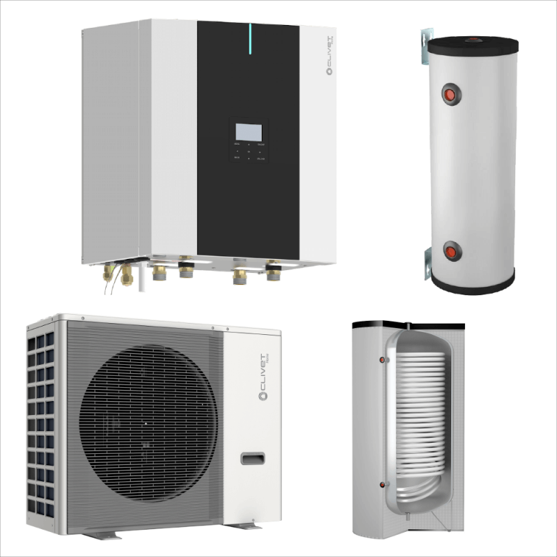 Pachet pompă de căldură aer-apă split Clivet încălzire răcire ACM hidrobox boiler acumulator