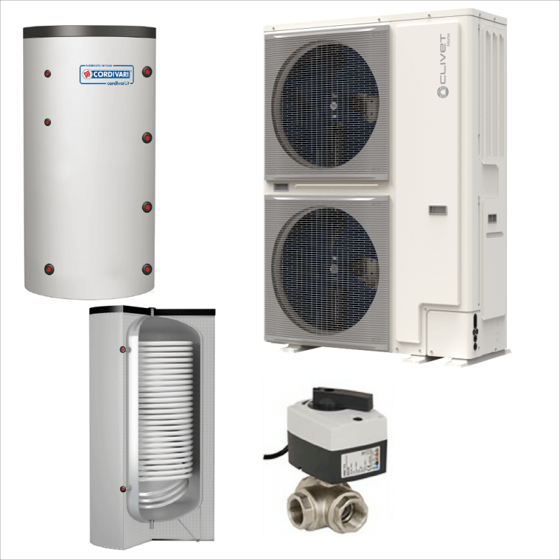 Pachet pompă de căldură aer-apă monobloc Clivet încălzire răcire ACM boiler acumulator vană