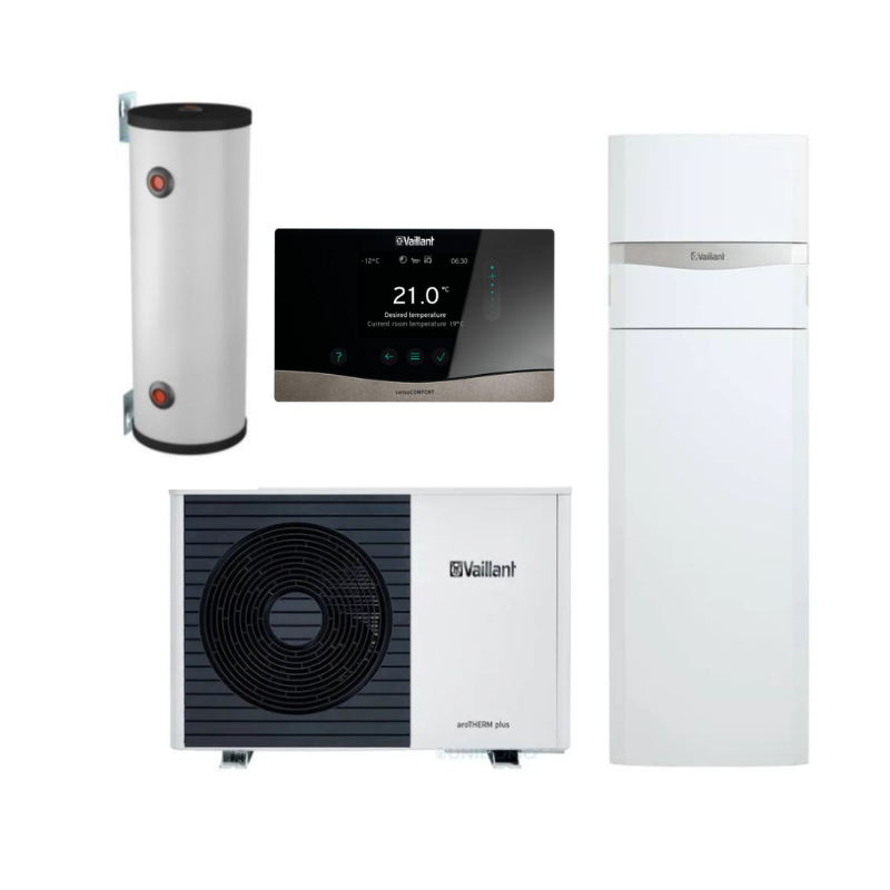 Pachet pompa de căldură aer-apa Vaillant, split, unitower, acumulator și automatizare